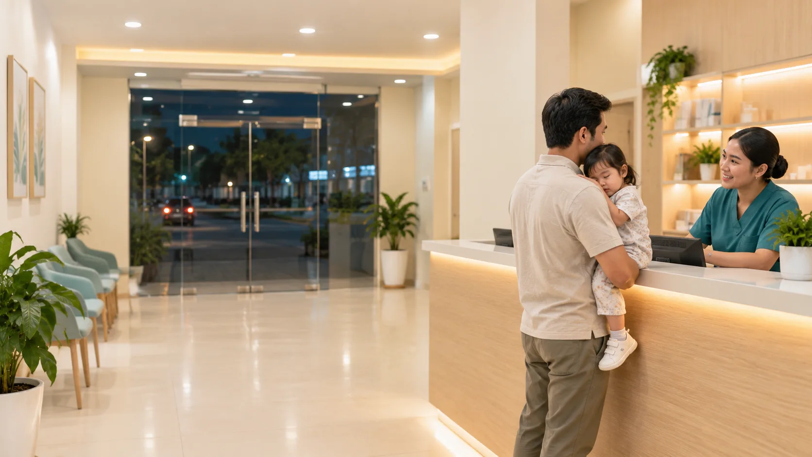 A nurse at the clinic reception helping a father carrying his sleepy child at night